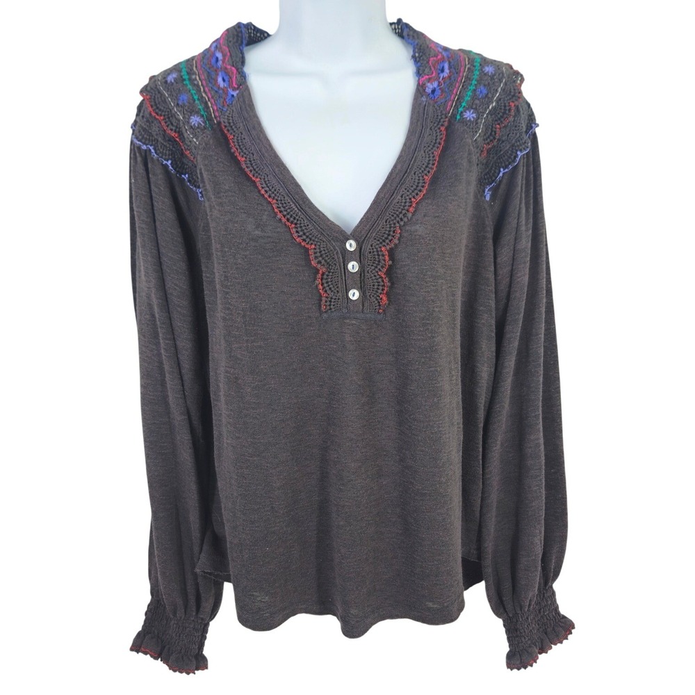 Free People Fiesta Siesta Embroidered Crochet Henley Top Charcoal Gray Peasant S